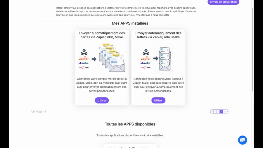 Page Mes APPS installées affichant deux applications webhook : l'une pour les cartes et l'autre pour les lettres, chacune avec un bouton Utiliser violet