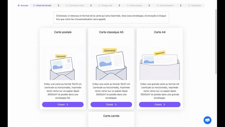 Même écran de choix du format scrollé vers le bas, révélant le quatrième format : Carte carrée 14x14 cm