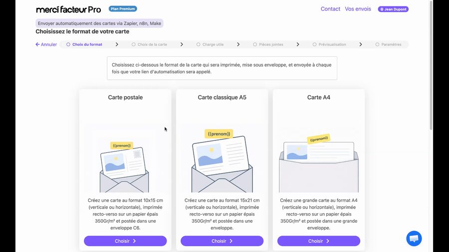 Écran de choix du format de carte avec trois options visibles : Carte postale 10x15 cm, Carte classique A5 15x21 cm et Carte A4, chacune avec une illustration et un bouton Choisir