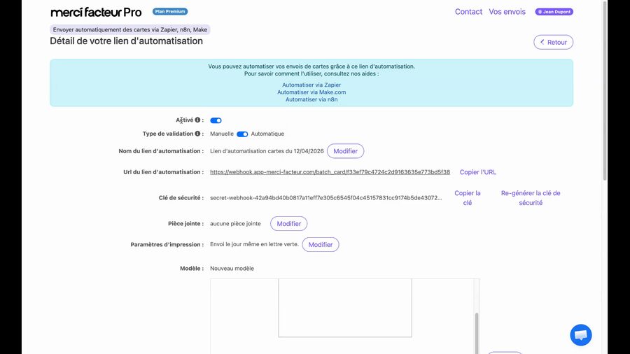 Page Détail de votre lien d'automatisation affichant un encadré bleu avec des liens vers les guides Zapier Make et n8n, un toggle Activé, le type de validation Automatique, le nom du lien, l'URL du lien d'automatisation avec bouton Copier, la clé de sécurité avec boutons Copier et Re-générer, la pièce jointe, les paramètres d'impression et le modèle utilisé