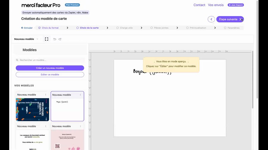 Éditeur affichant un modèle sélectionné avec le texte Bonjour suivi de la variable prénom entre accolades, en écriture manuscrite sur fond jaune pâle, avec un bandeau indiquant le mode aperçu