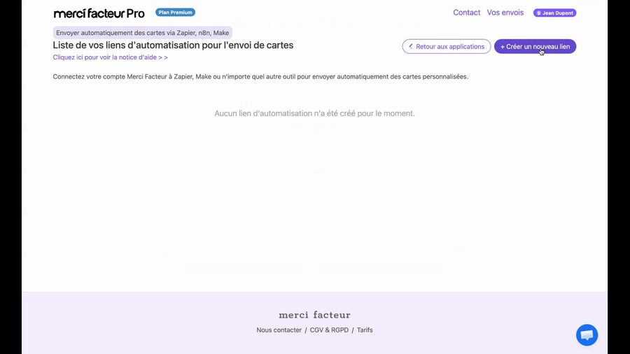 Page Liste de vos liens d'automatisation vide, avec un message central indiquant qu'aucun lien n'a été créé et un bouton violet Créer un nouveau lien en haut à droite