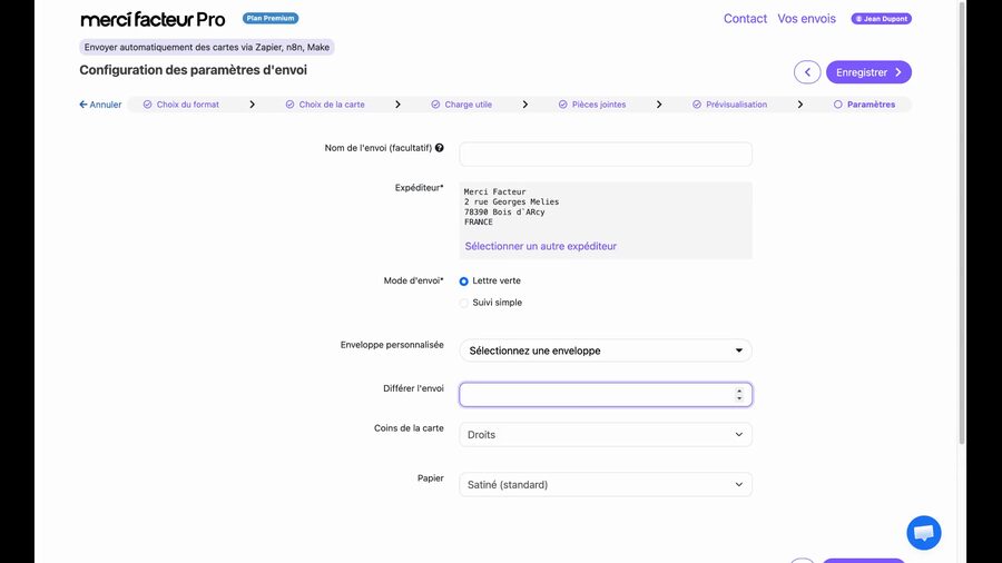 Même formulaire de paramètres d'envoi avec le champ Différer l'envoi activé et le curseur positionné dans le champ pour saisir le nombre de jours de délai