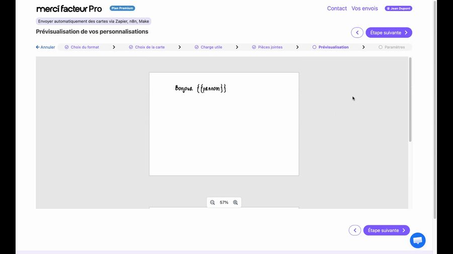 Écran de prévisualisation montrant le recto de la carte avec le texte Bonjour suivi de la variable prénom entre accolades, des contrôles de zoom à 67 pourcent et un bouton Étape suivante