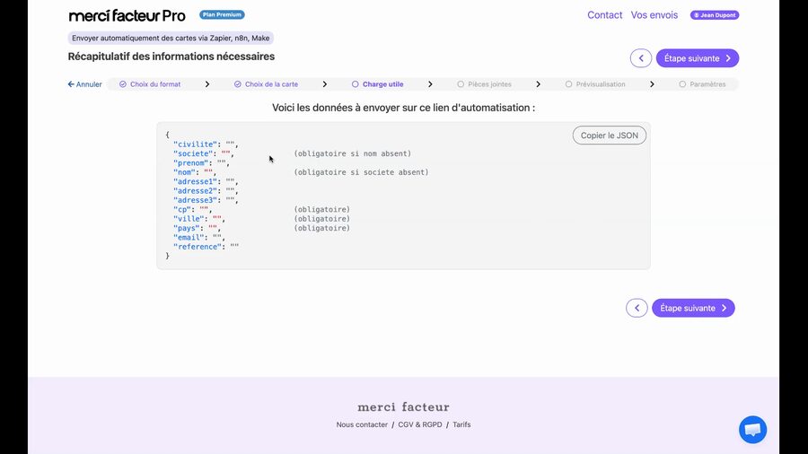 Écran Récapitulatif des informations nécessaires affichant un bloc de code JSON avec les champs civilite, prenom, nom, societe, adresse1, adresse2, adresse3, codePostal, ville, pays, avec annotations obligatoire ou facultatif pour chaque champ, et un bouton Copier le JSON