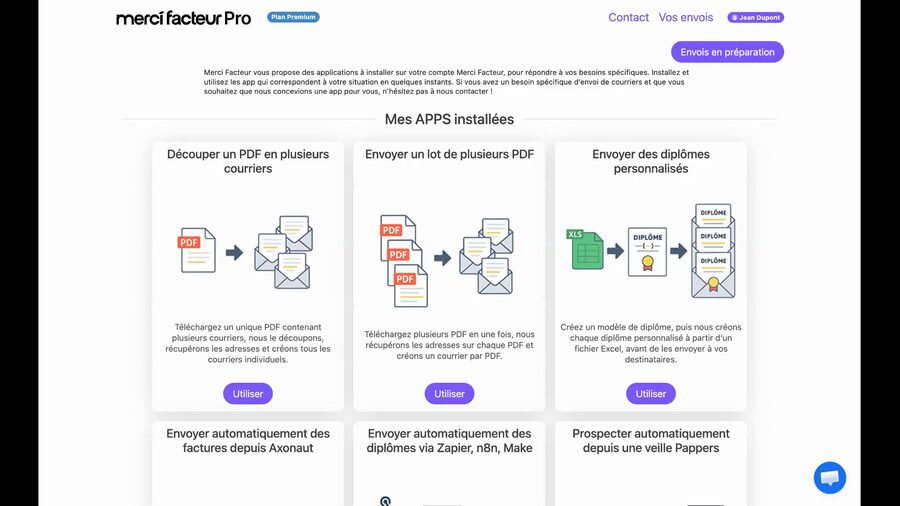 Catalogue des applications Merci Facteur Pro avec trois cartes : Découper un PDF en plusieurs courriers, Envoyer un lot de plusieurs PDF, et Envoyer des diplômes personnalisés. Chaque carte dispose d'un bouton Utiliser.