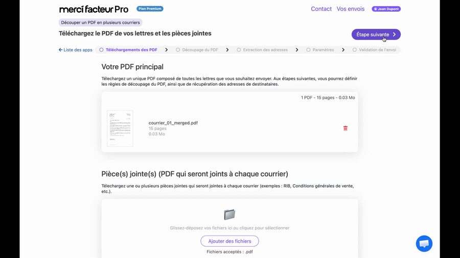 Zone PDF principal avec le fichier courrier_01_merged.pdf chargé : 1 PDF, 15 pages, 0.03 Mo. La zone pièces jointes reste vide en dessous.