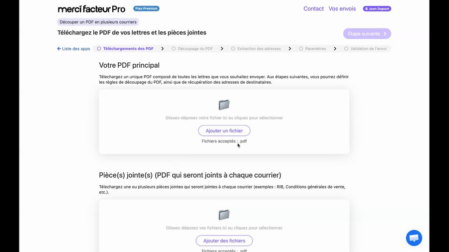 Page d'import avec deux zones vides : Votre PDF principal avec un bouton Ajouter un fichier, et Pièces jointes avec un bouton Ajouter des fichiers. Seuls les fichiers PDF sont acceptés.