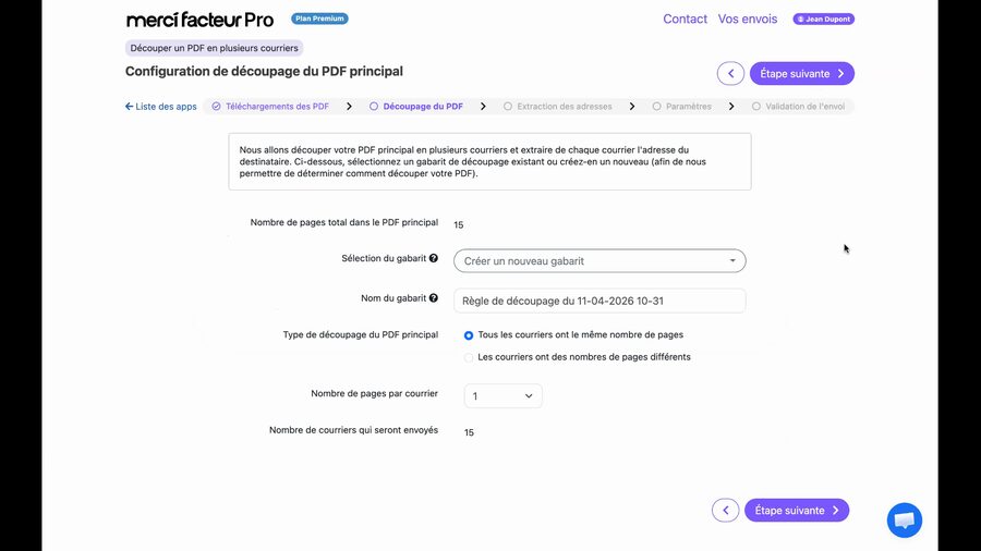Page de configuration du gabarit : champ Sélection du gabarit avec Créer un nouveau gabarit, champ Nom du gabarit prérempli, type de découpage avec Tous les courriers ont le même nombre de pages sélectionné, nombre de pages par courrier à 1, nombre de courriers calculé à 15.