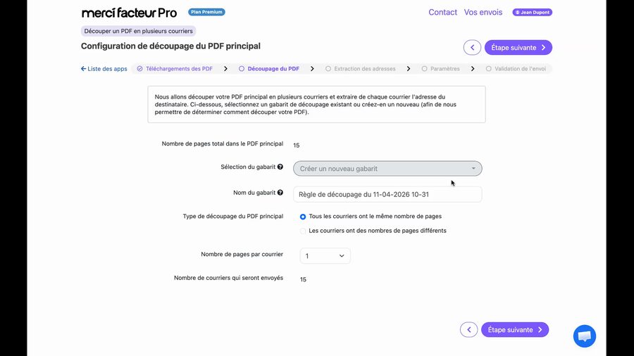 Formulaire de gabarit avec le dropdown Sélection du gabarit ouvert sur Créer un nouveau gabarit. Le nom du gabarit est prérempli avec la date et l'heure courante.