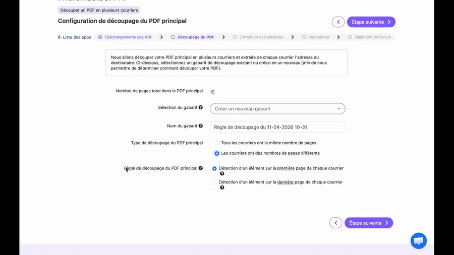 Option Les courriers ont des nombres de pages différents sélectionnée. Deux règles de découpage apparaissent : Détection d'un élément sur la première page de chaque courrier, et Détection d'un élément sur la dernière page de chaque courrier.