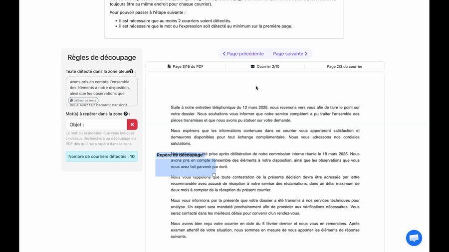 Page 3/15 du PDF, Courrier 2/10, Page 2/3 du courrier. Le contenu affiché ne contient pas le mot Objet, confirmant que cette page fait partie du courrier précédent et non d'un nouveau courrier.
