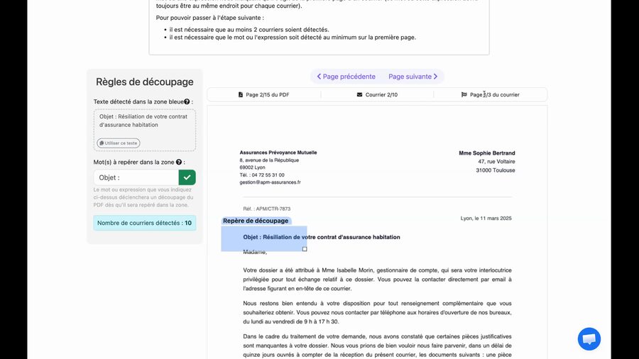Navigation sur le courrier 2 : Page 2/15 du PDF, Courrier 2/10. Le PDF affiche un courrier différent avec un nouveau destinataire et le repère de découpage sur la ligne Objet : Résiliation de votre contrat d'assurance habitation.