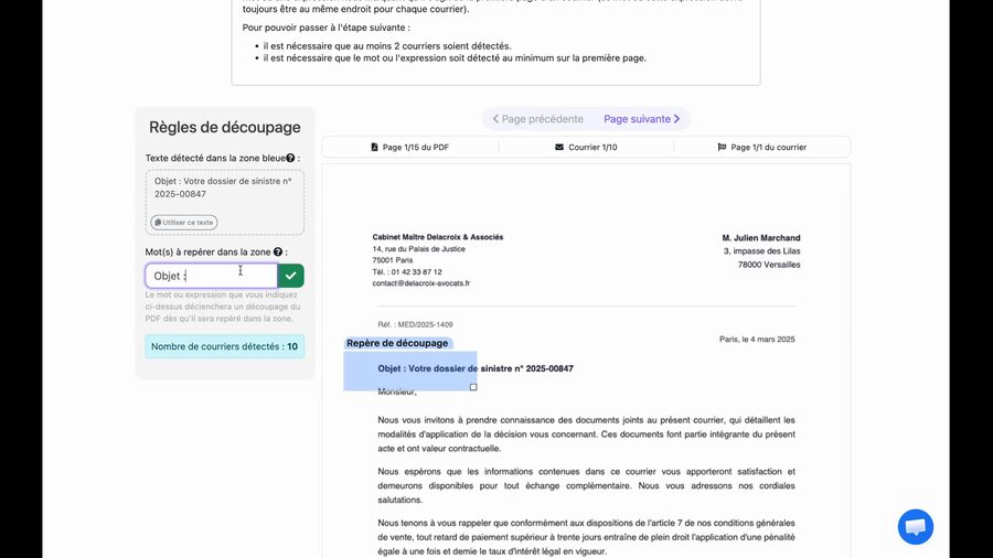 Zone bleue positionnée sur la ligne Objet du PDF. Le texte détecté affiche Objet : Votre dossier de sinistre. Le champ Mot à repérer contient Objet avec une coche verte. En bas à gauche : Nombre de courriers détectés : 10 en vert. Le repère de découpage violet encadre la ligne Objet sur le PDF.