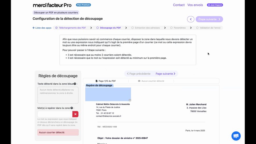 Page de configuration de la détection de découpage avec un viewer PDF à droite montrant la première page du document. À gauche, la section Règles de découpage avec les champs Texte détecté dans la zone bleue et Mot à repérer, tous deux vides. Une zone bleue de repérage est positionnée sur le haut du document.