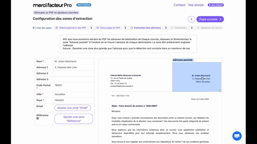 Zone d'adresse positionnée sur le PDF. Le formulaire à gauche affiche les données extraites : Nom M. Julien Marchand, Adresse 1 3 Impasse des Lilas, Code Postal 78000, Ville Versailles, Pays FRANCE.