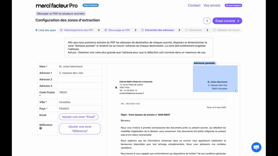 Page de configuration des zones d'extraction. À gauche, un formulaire avec les champs Nom, Adresse 1 à 3, Code Postal, Ville, Pays, Email, et des boutons Ajouter une zone Email et Ajouter une zone Référence. À droite, le viewer PDF avec une zone violette Adresse postale positionnée sur le bloc adresse du destinataire.