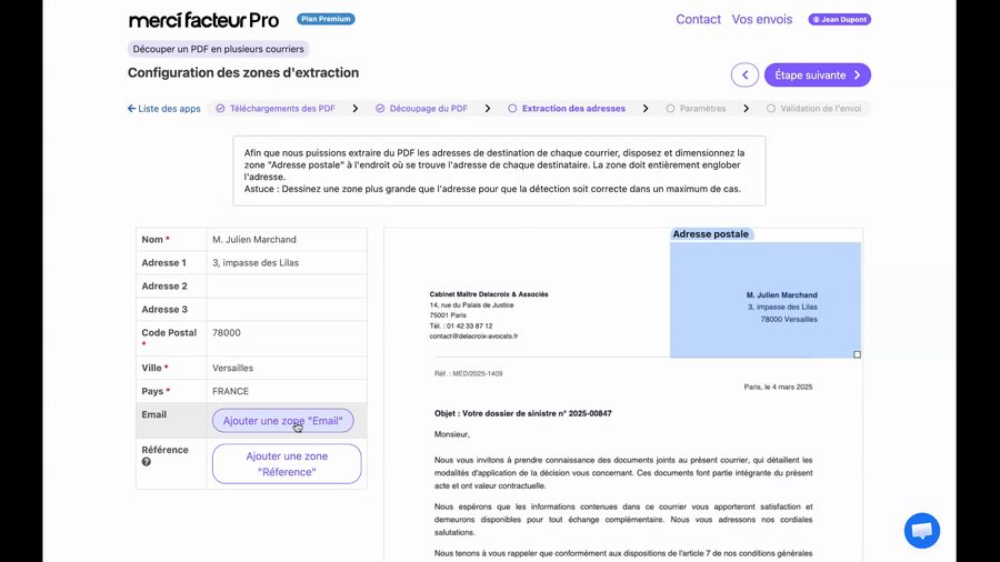 Même page avec le bouton Ajouter une zone Email mis en surbrillance violette, prêt à être configuré pour extraire une adresse email depuis le PDF.