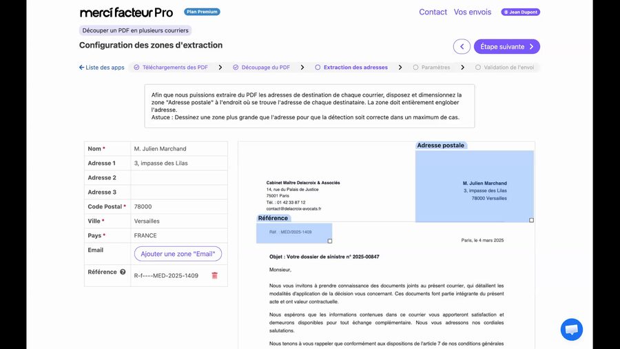 Zone Référence ajoutée sur le PDF, positionnée sur la ligne de référence du document. Le champ Référence dans le formulaire affiche la valeur extraite. La zone Adresse postale violette reste en place au-dessus.