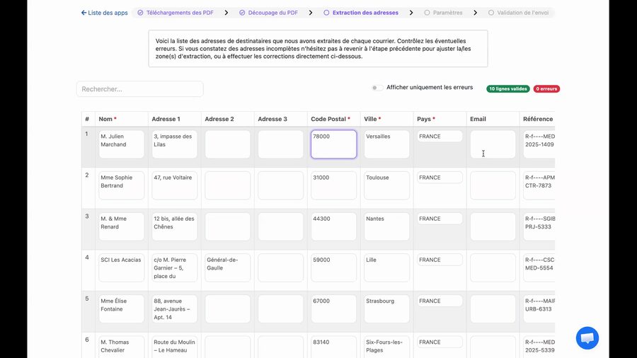Même tableau avec le champ Code Postal de la première ligne entouré d'un cadre bleu, en cours d'édition. Le texte d'introduction rappelle de contrôler les erreurs et propose de revenir à l'étape précédente pour ajuster les zones d'extraction.
