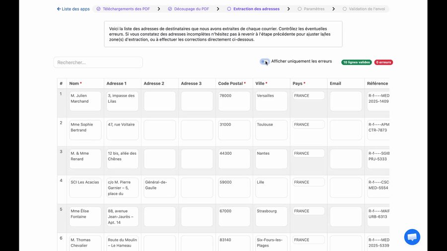 Tableau d'adresses avec la barre de recherche Rechercher en haut à gauche, un toggle Afficher uniquement les erreurs, et les badges 10 lignes valides en vert et 0 Erreurs en rouge.