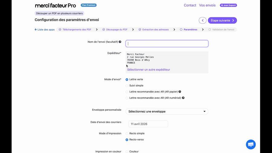 Partie inférieure des paramètres : Enveloppe personnalisée avec dropdown Sélectionnez une enveloppe, Date d'envoi au 11 avril 2026, Mode d'impression avec Recto-verso sélectionné, et options Couleur ou Noir et blanc.