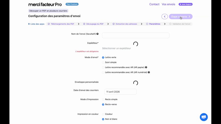 Page de configuration des paramètres d'envoi. Champ Nom de l'envoi facultatif vide. Champ Expéditeur rempli avec Merci Facteur, 3 rue Georges Méliès, 33530 Bassens. Lien Sélectionner un autre expéditeur visible en dessous.