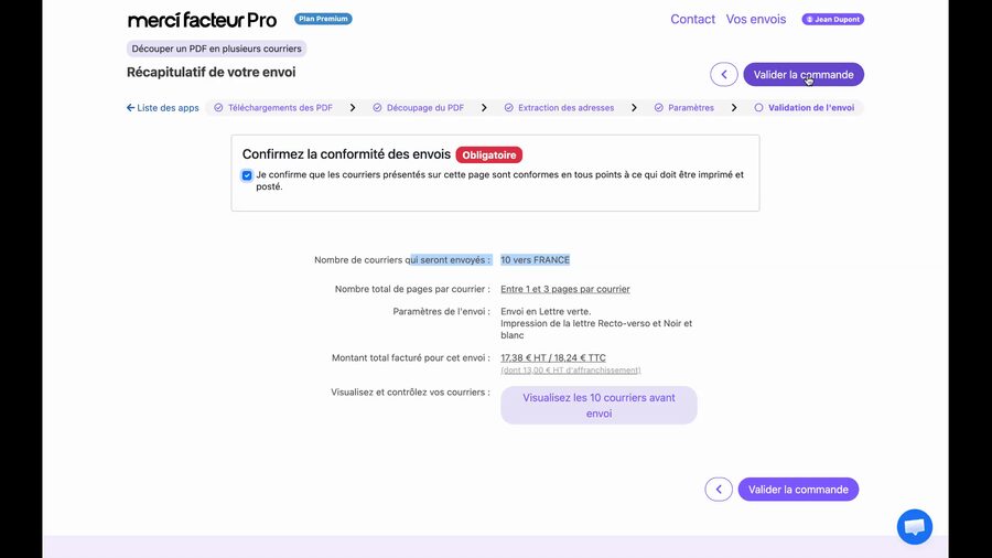 Même page récapitulative avec la checkbox de conformité maintenant cochée en vert. Le bouton Valider la commande en haut à droite est devenu actif et cliquable en violet.