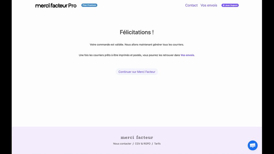 Écran de succès affichant Félicitations en grand. Message : Votre commande est validée, nous allons maintenant générer tous les courriers. Lien Continuer sur Merci Facteur. Footer avec liens Nous contacter, CGV et RGPD, Tarifs.