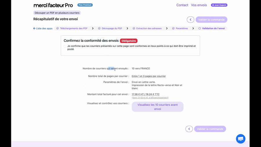 Page récapitulative de l'envoi. Encart Confirmez la conformité des envois marqué Obligatoire avec une checkbox non cochée. Informations : 10 courriers vers FRANCE, entre 1 et 3 pages par courrier, envoi en Lettre verte, impression Recto-verso et Noir et blanc. Montant : 17.38 euros HT / 18.24 euros TTC. Lien Visualisez les 10 courriers avant envoi. Bouton Valider la commande grisé.