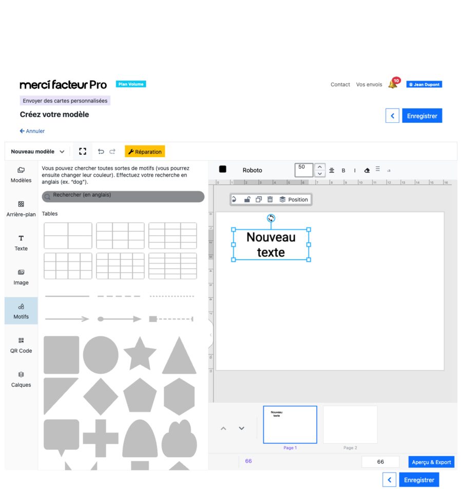 Onglet Motifs avec recherche d'icônes, lignes, flèches et formes géométriques