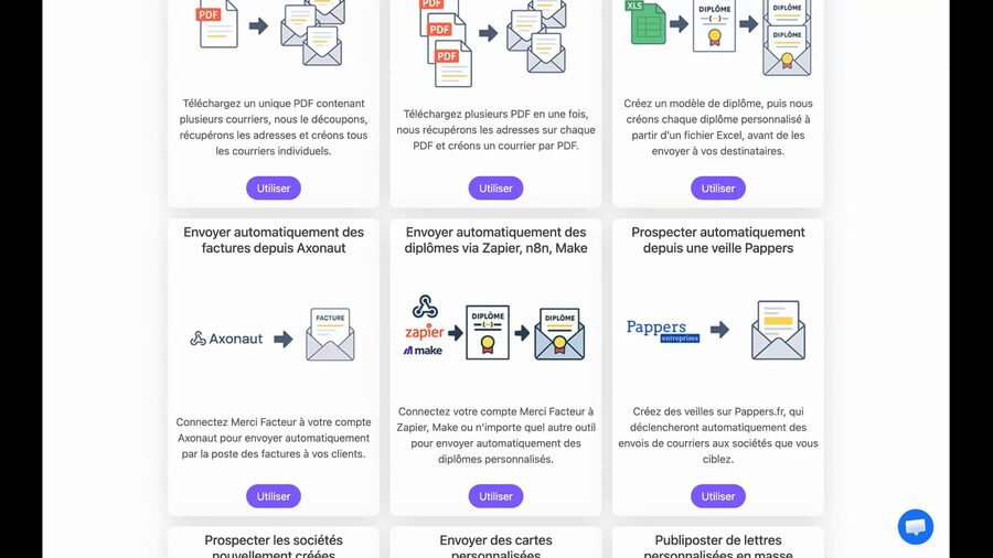 Catalogue d'applications Merci Facteur Pro affichant six applications sous forme de cartes. L'application d'envoi automatique de diplômes est visible au centre de la deuxième ligne avec les logos Zapier, Make et n8n.