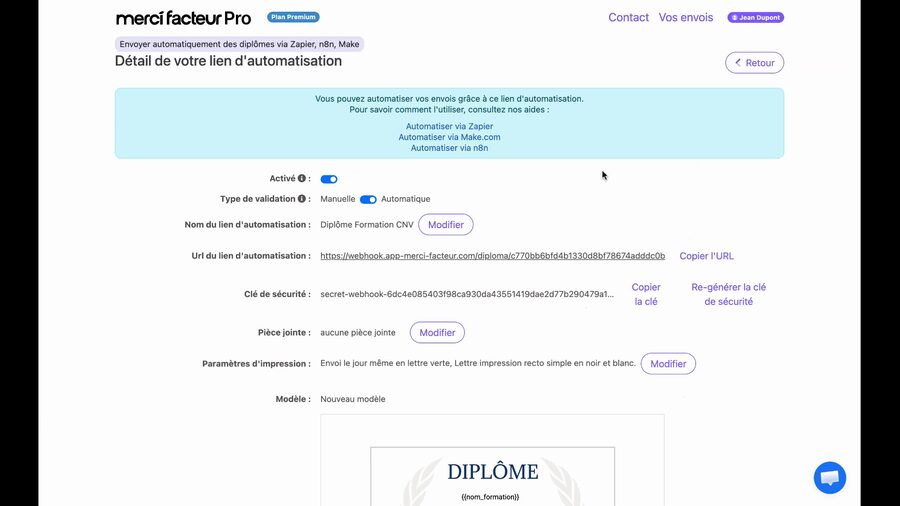 Page de détail du lien d'automatisation créé. On y voit un toggle d'activation, le type de validation (manuelle ou automatique), le nom du lien, l'URL du webhook, la clé de sécurité avec des boutons pour copier chaque élément, les paramètres d'impression et un aperçu miniature du diplôme.