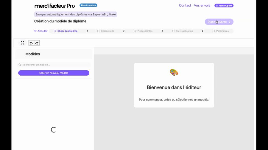 Éditeur de diplômes à l'étape « Choix du diplôme ». Le panneau latéral gauche affiche une barre de recherche et un bouton « Créer un nouveau modèle ». La zone centrale affiche « Bienvenue dans l'éditeur — Pour commencer, créez ou sélectionnez un modèle ».