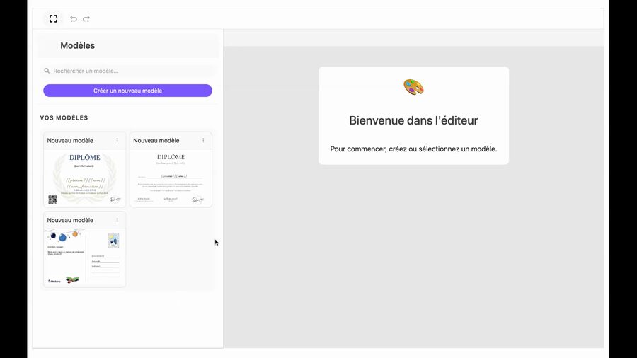 Éditeur de diplômes à l'étape « Choix du diplôme ». Le panneau latéral gauche affiche la section « Vos modèles » avec trois modèles existants sous forme de vignettes miniatures.