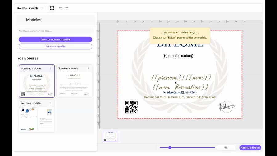 Aperçu d'un modèle de diplôme sélectionné dans l'éditeur. Le diplôme contient des variables dynamiques entre accolades : nom de la formation, prénom, nom, date d'envoi et ville. Un QR code est visible en bas à gauche et une signature en bas à droite.