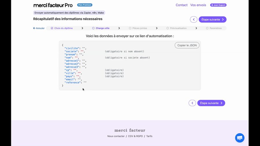 Page « Récapitulatif des informations nécessaires » affichant un bloc JSON coloré avec les champs : civilite, nom, prenom, societe, adresse1, adresse2, cp, ville, pays, reference. Chaque champ indique s'il est obligatoire ou facultatif. Un bouton « Copier le JSON » est visible à droite.