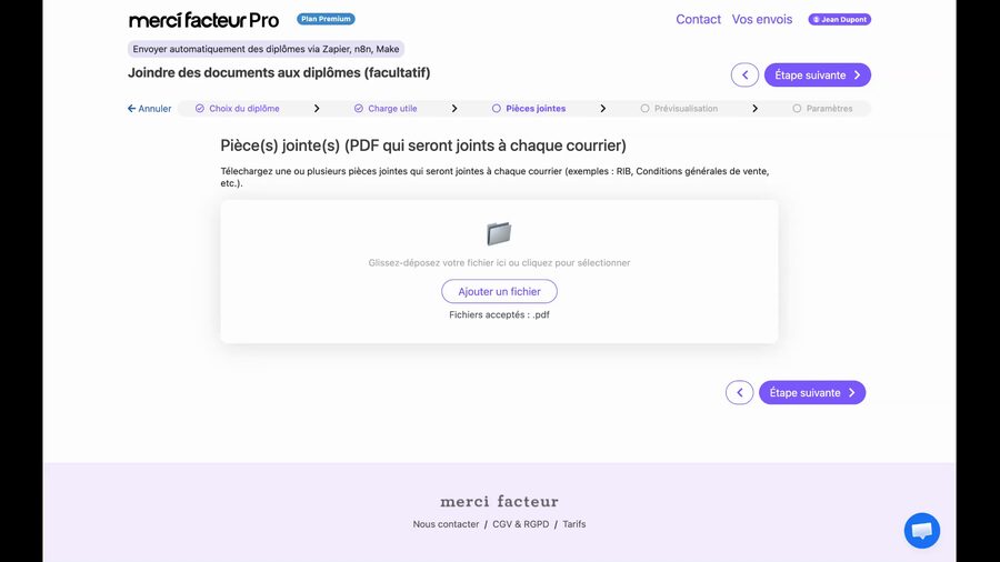 Page « Joindre des documents aux diplômes (facultatif) » avec une zone de glisser-déposer pour ajouter des fichiers PDF. Un bouton « Ajouter un fichier » est visible au centre.