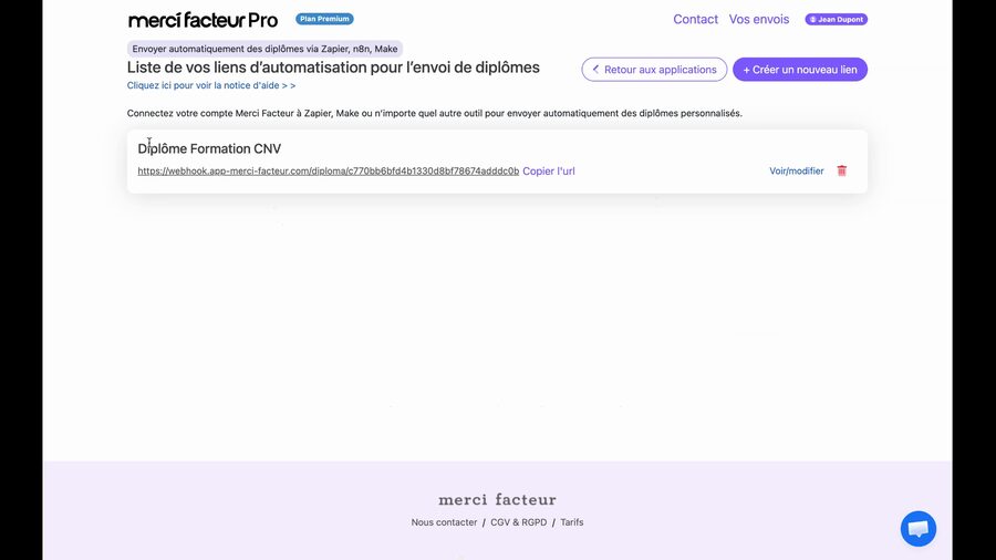 Page de liste des liens d'automatisation affichant un lien créé « Diplôme Formation CNV » avec son URL webhook, un bouton « Copier l'url », un lien « Voir/modifier » et un bouton de suppression.