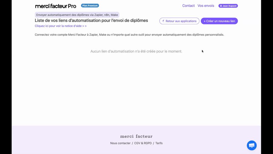 Page de liste des liens d'automatisation pour l'envoi de diplômes, vide. Un bouton violet « Créer un nouveau lien » est visible en haut à droite de la page.