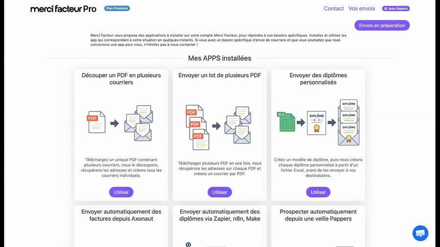 Tableau de bord Merci Facteur Pro montrant le catalogue des applications installées, avec la carte Envoyer des diplômes personnalisés et son bouton Utiliser
