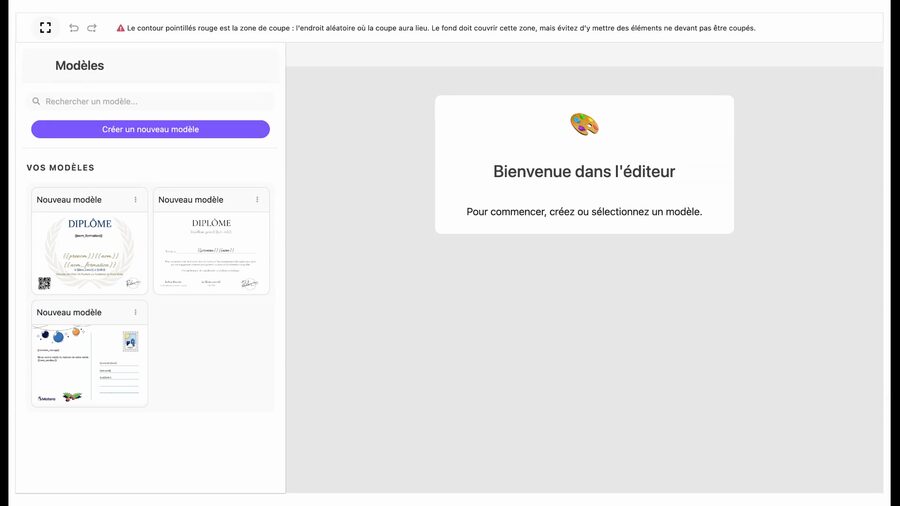 Éditeur de diplômes Merci Facteur avec le panneau des modèles à gauche et le message de bienvenue invitant à créer ou sélectionner un modèle