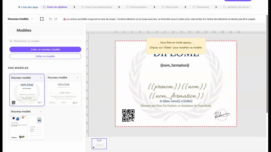 Éditeur de diplômes avec le bandeau de navigation visible en haut, montrant les 7 étapes du parcours : Liste des apps, Choix du diplôme, Import des destinataires, Personnalisation, Pièce jointe, Paramètres, Validation