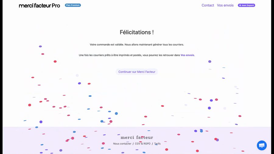 Page de félicitations avec confettis colorés, confirmant que la commande est validée et que les courriers vont être générés, imprimés et postés