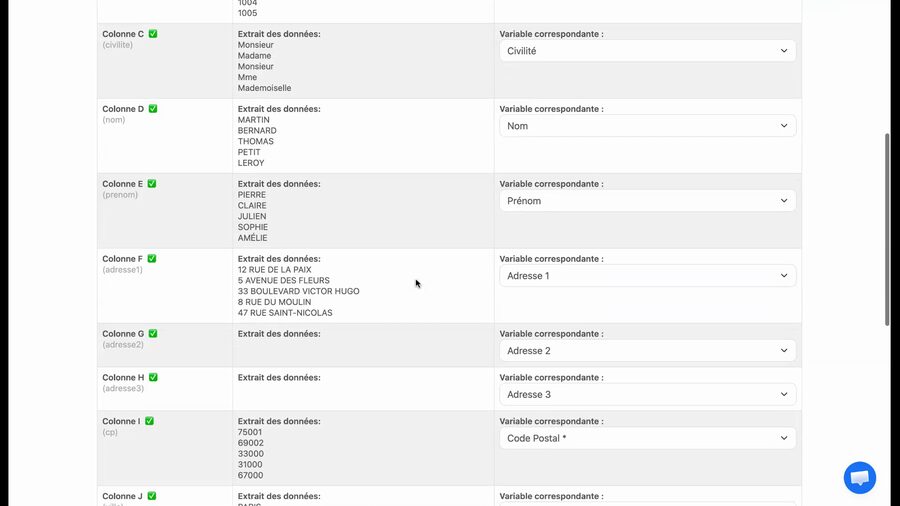 Suite du tableau de mappage montrant les colonnes d'adresse : prénom, adresse 1, adresse 2, adresse 3, code postal avec des extraits de données réelles pour chaque colonne