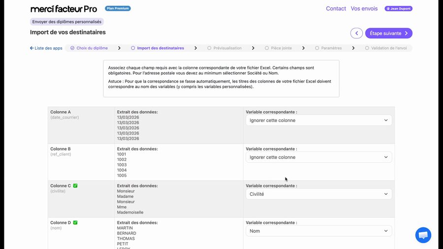 Tableau de mappage des colonnes Excel vers les variables du diplôme : colonne A (date_courrier) ignorée, colonne B (ref_client) ignorée, colonne C associée à Civilité avec une coche verte, colonne D associée à Nom