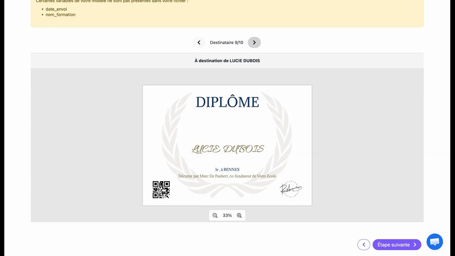 Prévisualisation du diplôme personnalisé pour Lucie Dubois, destinataire 5 sur 10, montrant le nom en calligraphie et la ville RENNES
