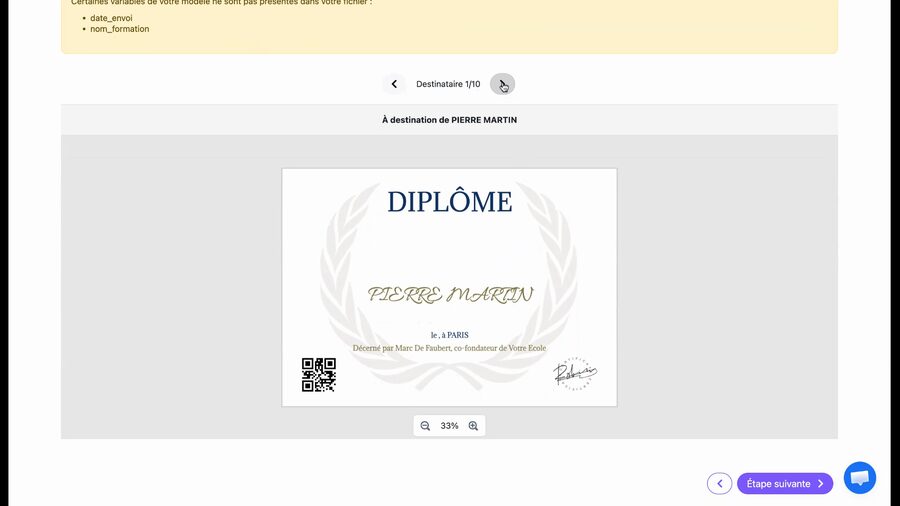 Prévisualisation du diplôme personnalisé pour Pierre Martin, montrant le titre DIPLÔME, le nom en calligraphie, la ville PARIS, un QR code et une signature. Un navigateur indique Destinataire 1/10