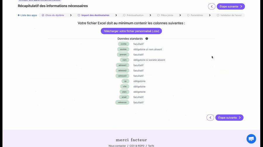 Page récapitulatif des informations nécessaires, listant les colonnes requises dans le fichier Excel : civilité (facultatif), société (obligatoire si nom absent), nom, prénom, adresse, code postal (obligatoire), ville (obligatoire), pays (obligatoire), référence et téléphone (facultatifs)