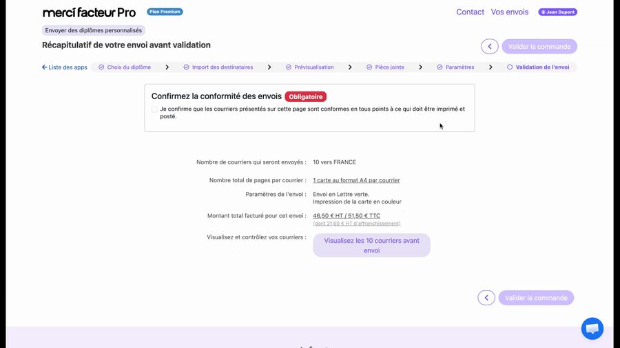 Page de récapitulatif avant validation montrant : 10 courriers vers la France, 1 carte A4 par courrier, envoi en lettre verte, montant total HT et TTC, et un encadré de confirmation de conformité avec une checkbox non cochée